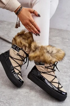 Best Damskie Śniegowce Sznurowane Beżowo-Czarne Santero Damskie Śniegowce Damskie
