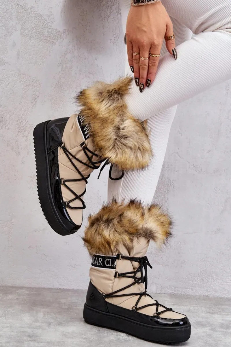 Best Damskie Śniegowce Sznurowane Beżowo-Czarne Santero Damskie Śniegowce Damskie