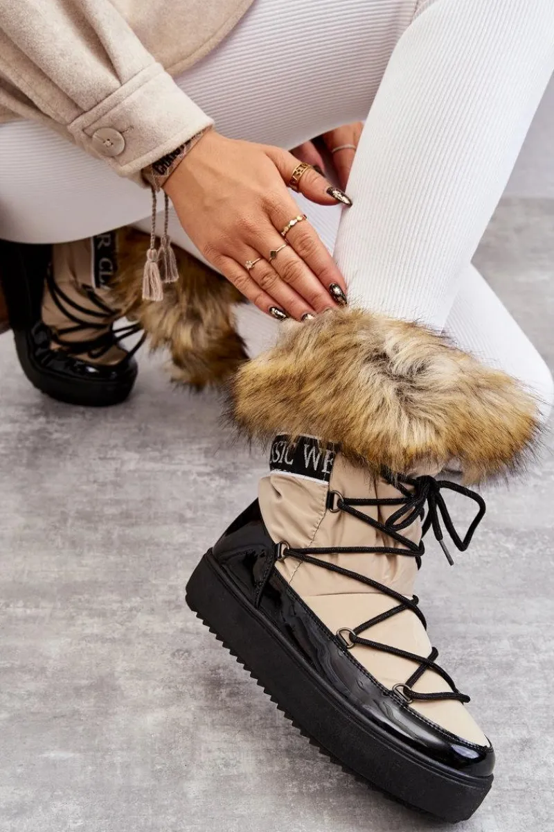 Best Damskie Śniegowce Sznurowane Beżowo-Czarne Santero Damskie Śniegowce Damskie