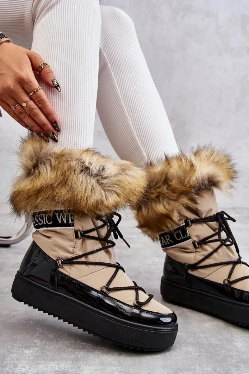 Best Damskie Śniegowce Sznurowane Beżowo-Czarne Santero Damskie Śniegowce Damskie