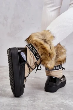 Best Damskie Śniegowce Sznurowane Beżowo-Czarne Santero Damskie Śniegowce Damskie