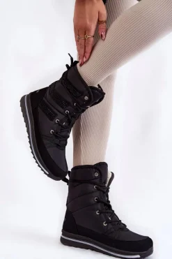 Śniegowce Damskie|Botki Płaskie>Boto Damskie Śniegowce Sznurowane Progress PROGJ-22-134 Czarne