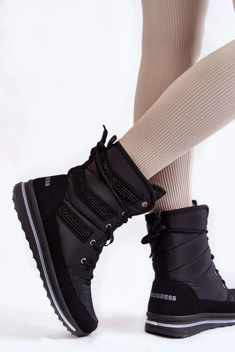 Śniegowce Damskie|Botki Płaskie>Boto Damskie Śniegowce Sznurowane Progress PROGJ-22-134 Czarne