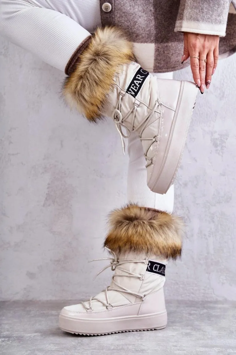 Śniegowce Damskie>Boto Damskie Śniegowce Sznurowane Beżowe Santero