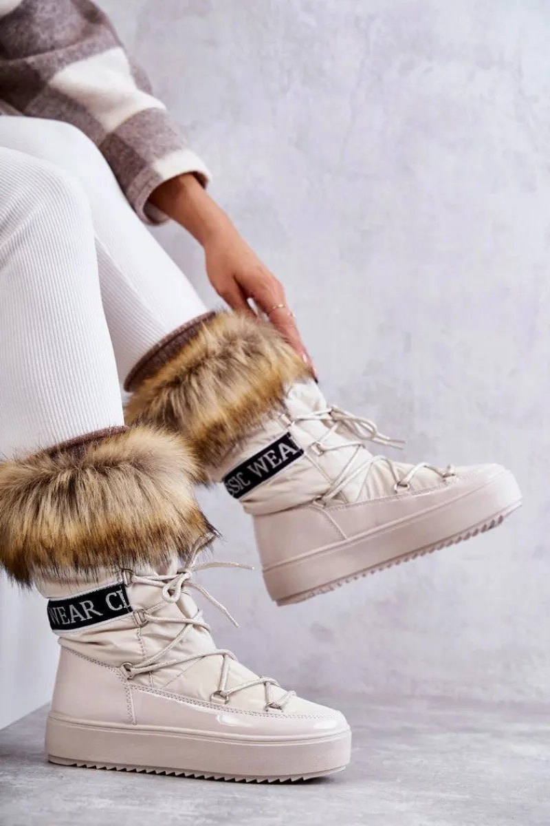 Śniegowce Damskie>Boto Damskie Śniegowce Sznurowane Beżowe Santero