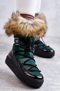 Clearance Damskie Śniegowce Sznurowane Zielone Santero Damskie Śniegowce Damskie