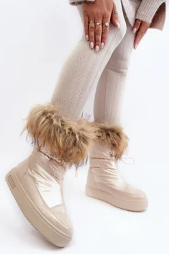 Discount Big Star Shoes Damskie Śniegowce Z Futerkiem Beżowe Big Star MM274380 Beżowy