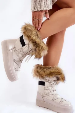 Clearance Boto Damskie Śniegowce Z Futerkiem Sznurowane Beżowe Shannon