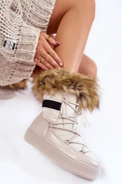 Clearance Boto Damskie Śniegowce Z Futerkiem Sznurowane Beżowe Shannon