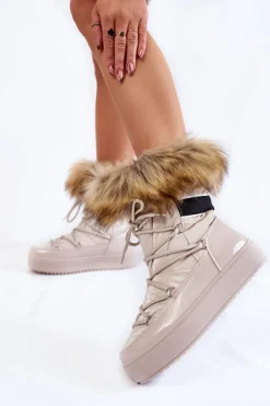 Clearance Boto Damskie Śniegowce Z Futerkiem Sznurowane Beżowe Shannon