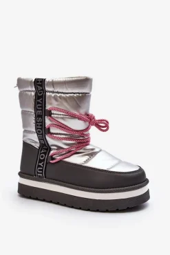 Boto Damskie Śniegowce Z Wiązaniem Srebrne Lilara Srebrny