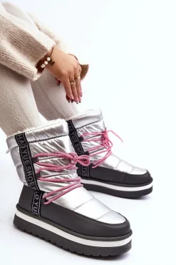 Boto Damskie Śniegowce Z Wiązaniem Srebrne Lilara Srebrny