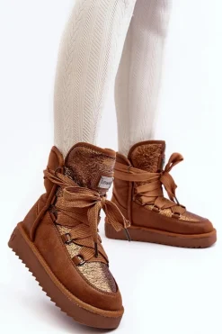 New D.Franklin Damskie Śniegowce Z Wiązaniem DFSH370006 Brązowe