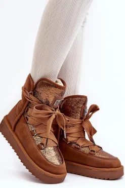 New D.Franklin Damskie Śniegowce Z Wiązaniem DFSH370006 Brązowe