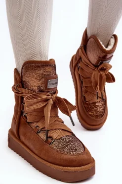 New D.Franklin Damskie Śniegowce Z Wiązaniem DFSH370006 Brązowe