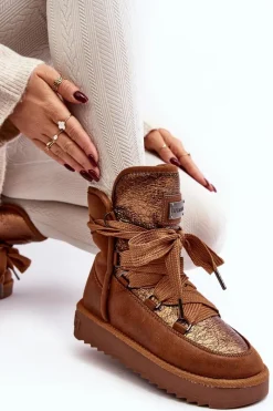 New D.Franklin Damskie Śniegowce Z Wiązaniem DFSH370006 Brązowe