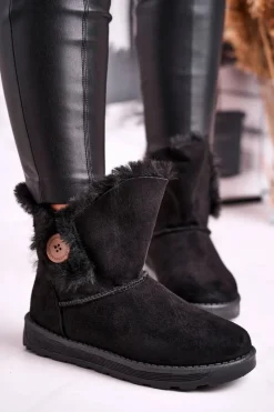 Hot Boto Damskie Śniegowce Zamszowe z Futerkiem Czarne Button