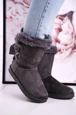 Best Damskie Śniegowce Ze Wstążką Ocieplone Futerkiem Szare Kaylee Damskie Śniegowce Damskie