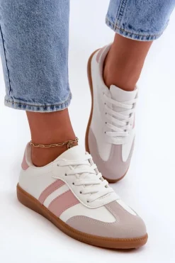 Online Damskie Niskie Eko Skórzane Sneakersy Biało-Różowe Relialia Damskie Sneakersy Damskie