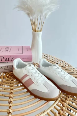 Online Damskie Niskie Eko Skórzane Sneakersy Biało-Różowe Relialia Damskie Sneakersy Damskie