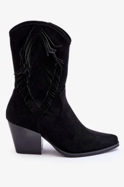 Kozaki Wiosenne|Kozaki Ażurowe>Damskie buty S.Barski Damskie Niskie Zamszowe Kozaki Kowbojki Czarne Elyse