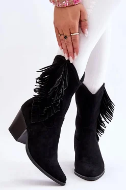 Kozaki Wiosenne|Kozaki Ażurowe>Damskie buty S.Barski Damskie Niskie Zamszowe Kozaki Kowbojki Czarne Elyse
