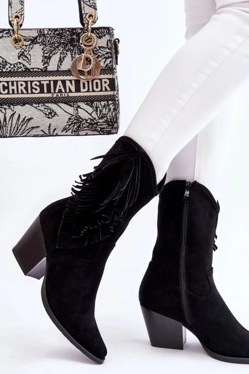 Kozaki Wiosenne|Kozaki Ażurowe>Damskie buty S.Barski Damskie Niskie Zamszowe Kozaki Kowbojki Czarne Elyse