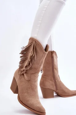 Clearance Damskie Niskie Zamszowe Kozaki Kowbojki Beżowe Elyse Damskie Kozaki Wiosenne|Kozaki Ażurowe