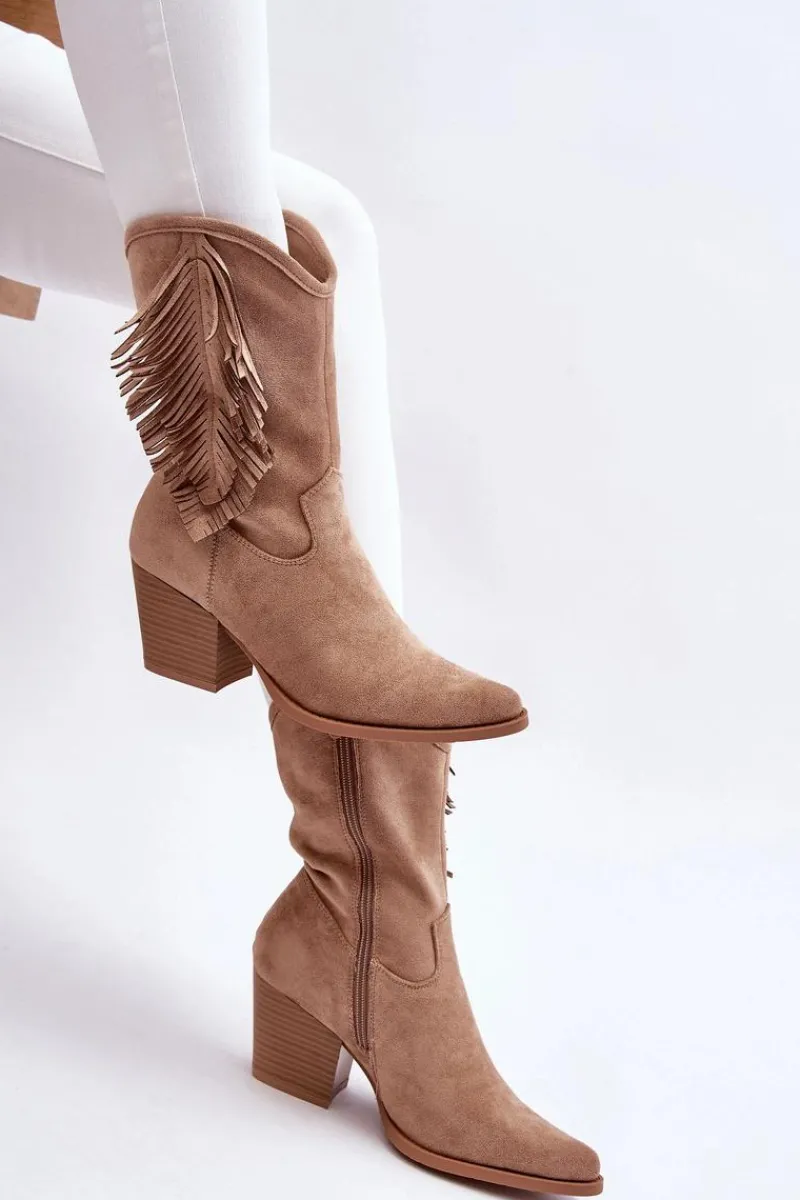 Clearance Damskie Niskie Zamszowe Kozaki Kowbojki Beżowe Elyse Damskie Kozaki Wiosenne|Kozaki Ażurowe