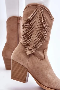 Clearance Damskie Niskie Zamszowe Kozaki Kowbojki Beżowe Elyse Damskie Kozaki Wiosenne|Kozaki Ażurowe