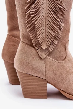 Clearance Damskie Niskie Zamszowe Kozaki Kowbojki Beżowe Elyse Damskie Kozaki Wiosenne|Kozaki Ażurowe