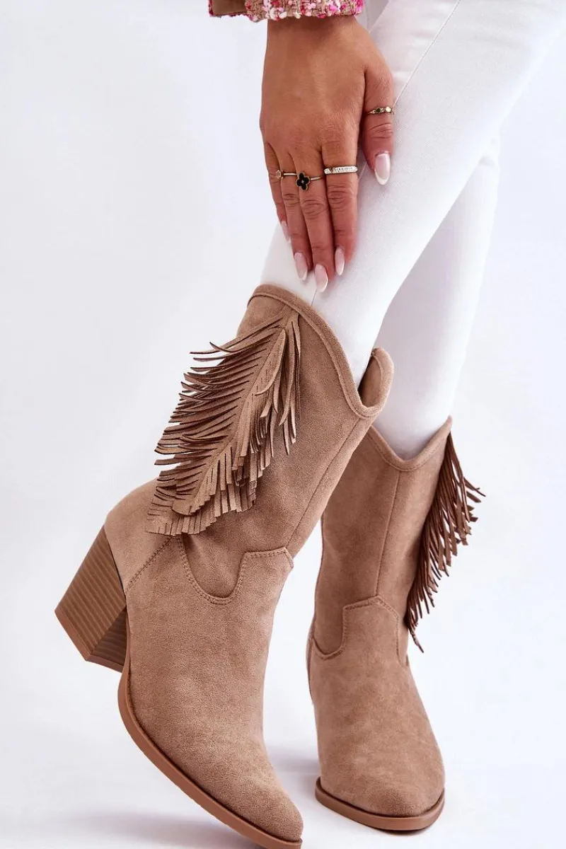 Clearance Damskie Niskie Zamszowe Kozaki Kowbojki Beżowe Elyse Damskie Kozaki Wiosenne|Kozaki Ażurowe