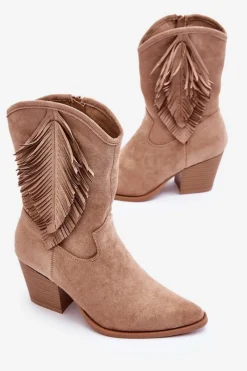 Clearance Damskie Niskie Zamszowe Kozaki Kowbojki Beżowe Elyse Damskie Kozaki Wiosenne|Kozaki Ażurowe