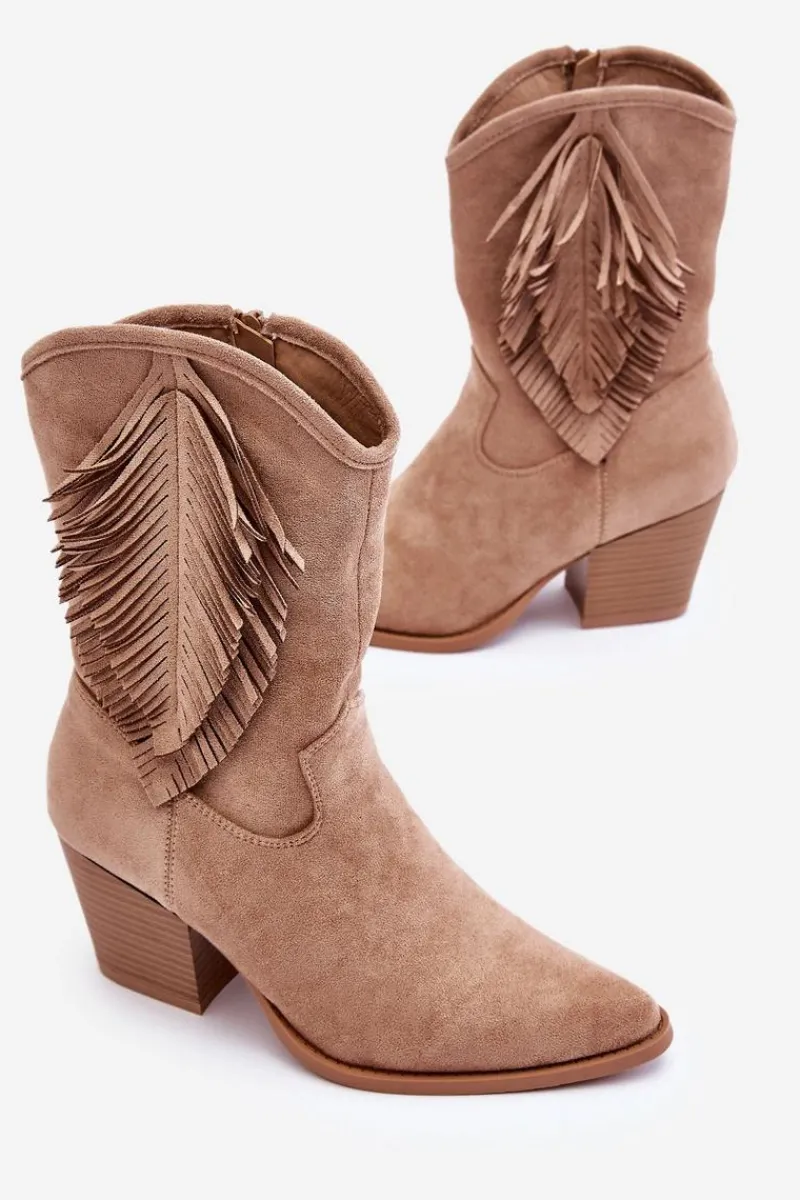 Clearance Damskie Niskie Zamszowe Kozaki Kowbojki Beżowe Elyse Damskie Kozaki Wiosenne|Kozaki Ażurowe