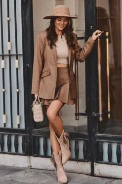 Clearance Damskie Niskie Zamszowe Kozaki Kowbojki Beżowe Elyse Damskie Kozaki Wiosenne|Kozaki Ażurowe