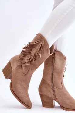 Clearance Damskie Niskie Zamszowe Kozaki Kowbojki Beżowe Elyse Damskie Kozaki Wiosenne|Kozaki Ażurowe