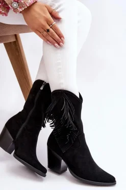 Clearance Damskie buty S.Barski Damskie Niskie Zamszowe Kozaki Kowbojki Czarne Elyse