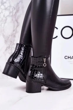 Sale Damskie Ocieplane Botki Na Obcasie Print Zwierzęcy Czarne Confidence Damskie Botki Na Słupku|Czarne Botki