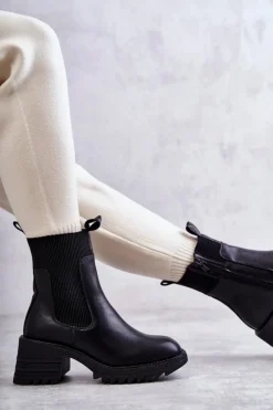 New Damskie Ocieplane Botki Na Obcasie Czarne Abella Damskie Botki Na Słupku|Czarne Botki