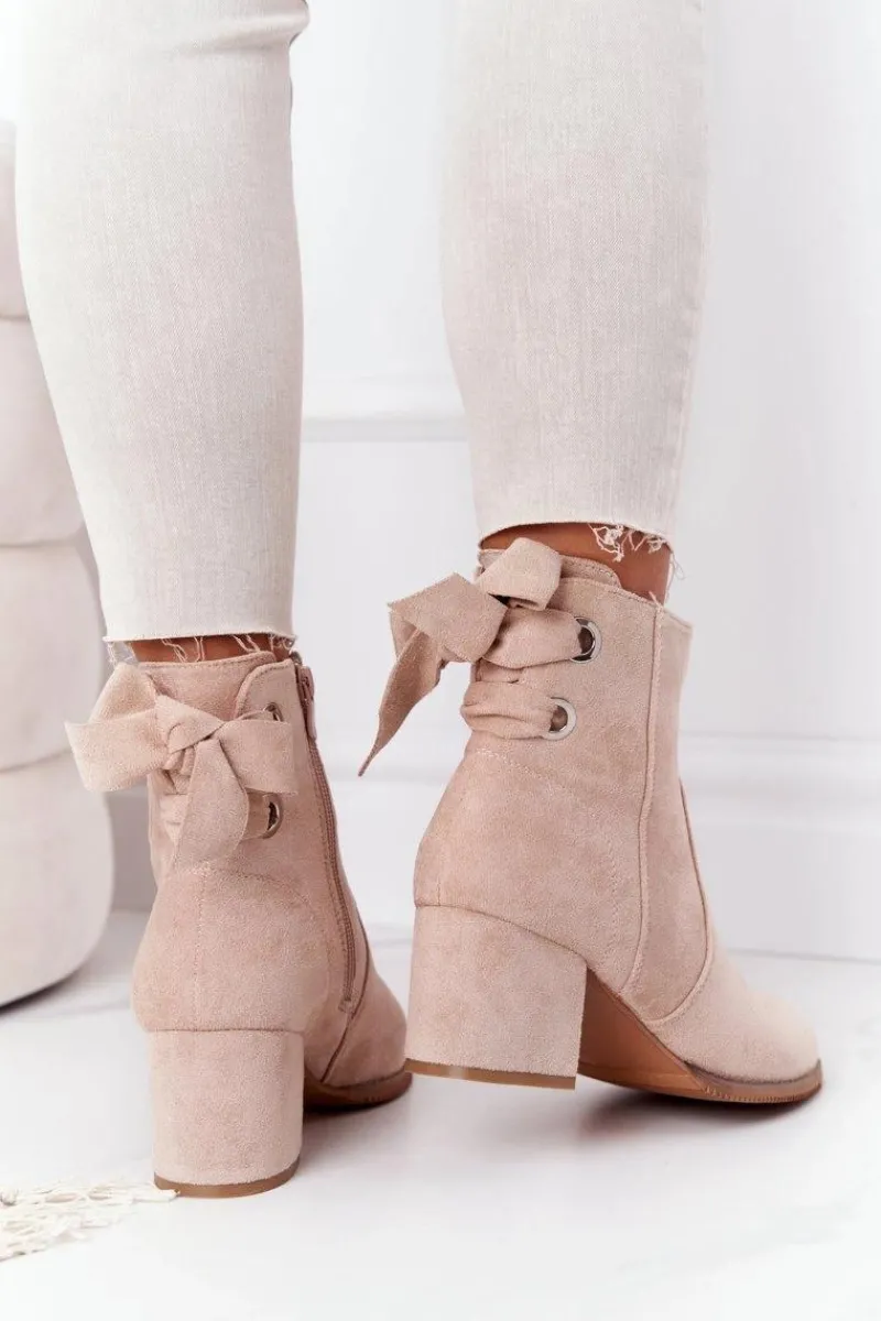 Outlet Boto Damskie Ocieplane Botki Na Słupku Beżowe Kayla