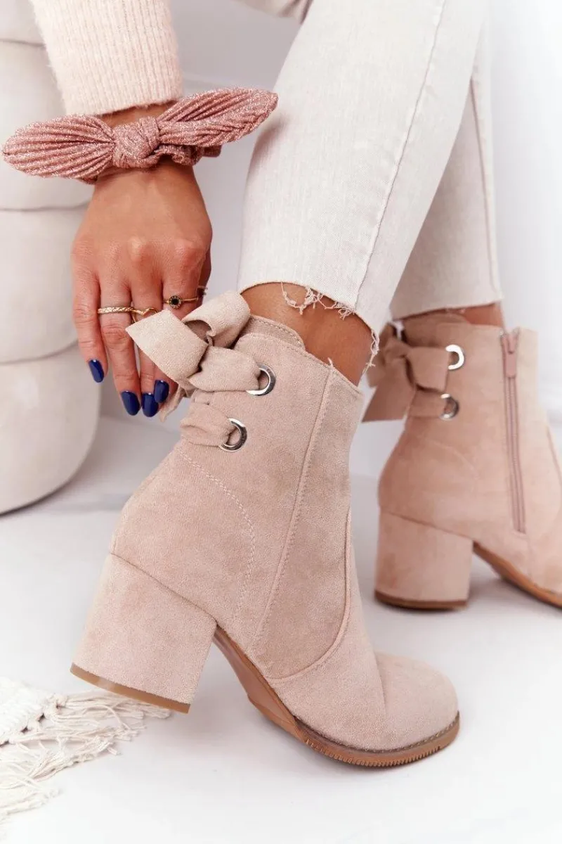 Outlet Boto Damskie Ocieplane Botki Na Słupku Beżowe Kayla