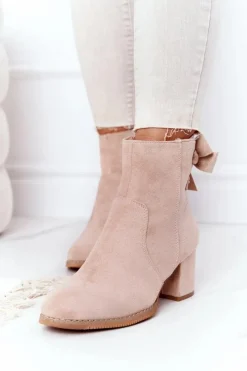 Outlet Boto Damskie Ocieplane Botki Na Słupku Beżowe Kayla
