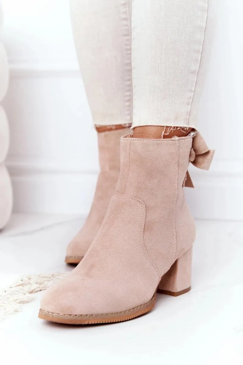 Outlet Boto Damskie Ocieplane Botki Na Słupku Beżowe Kayla