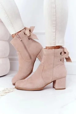 Outlet Boto Damskie Ocieplane Botki Na Słupku Beżowe Kayla