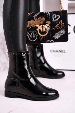 Botki Na Koturnie|Czarne Botki>Boto Damskie Ocieplane Botki Na Koturnie Lakierowane Czarne Performance