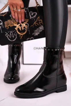 Botki Na Koturnie|Czarne Botki>Boto Damskie Ocieplane Botki Na Koturnie Lakierowane Czarne Performance