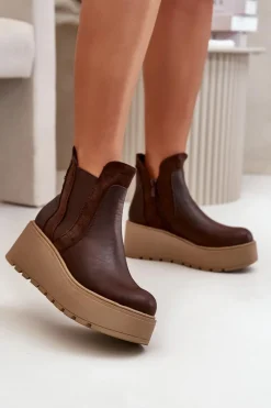 Online Damskie Ocieplane Botki Na Platformie I Koturnie Brązowe Mivanira Damskie Botki Na Koturnie|Brązowe I Beżowe Botki