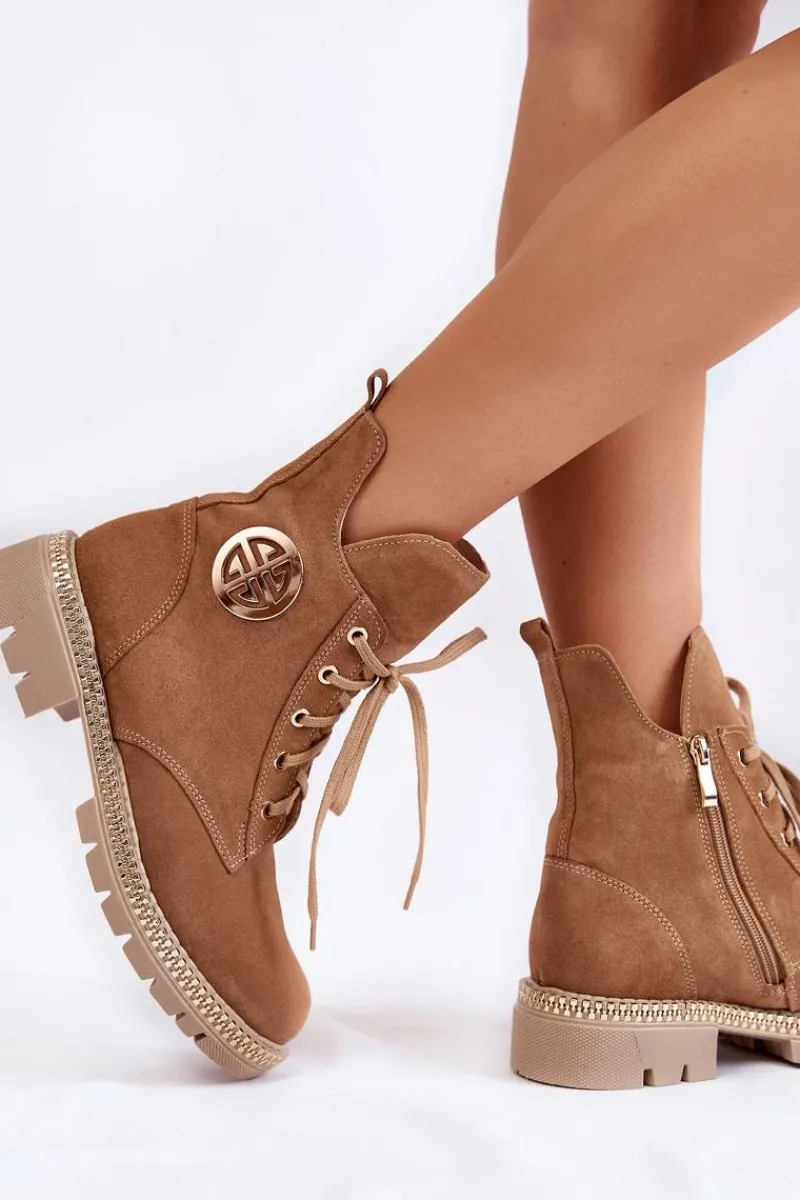 Botki Skórzane|Botki Sznurowane>Boto Damskie Ocieplane Botki Na Suwak Camel Sinem
