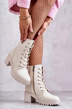 Damskie Trapery|Botki Sznurowane>Buty damskie Vinceza Damskie Ocieplane Botki Na Obcasie Jasny Beż Grethe