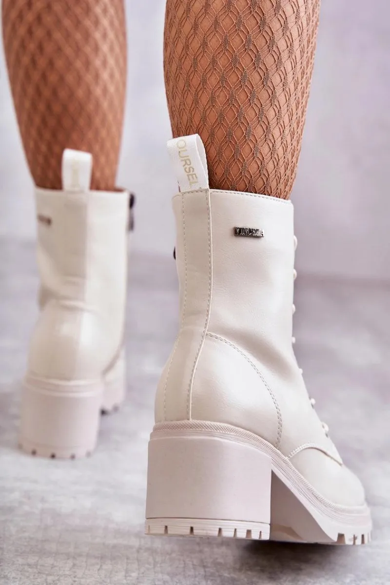 Damskie Trapery|Botki Sznurowane>Buty damskie Vinceza Damskie Ocieplane Botki Na Obcasie Jasny Beż Grethe